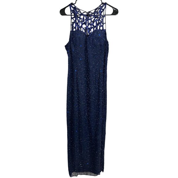 Scala Navy Beaded Silk Evening Gown Caged Yoke Bodice Floor Length Skirt Sz XXL - Picture 1 of 12